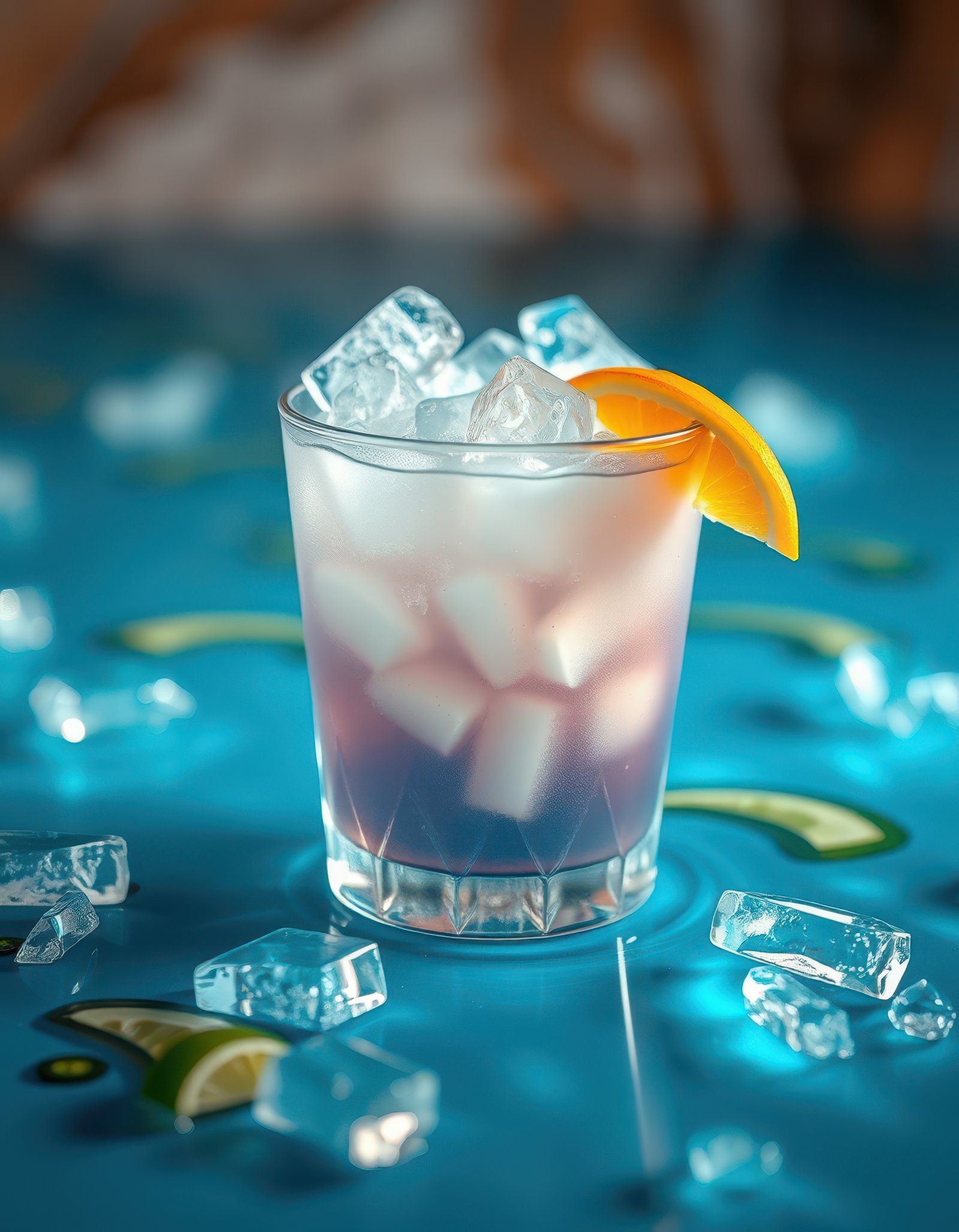 Refreshing cocktail served on a vibrant blue table with ice and citrus garnishes in a cozy setting